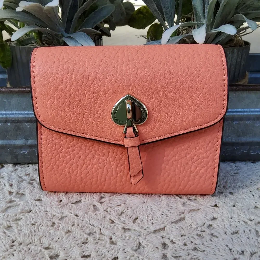 Kate Spade Women's Small Flap Wallet Card Case Pebbled Leather in Melon Ball